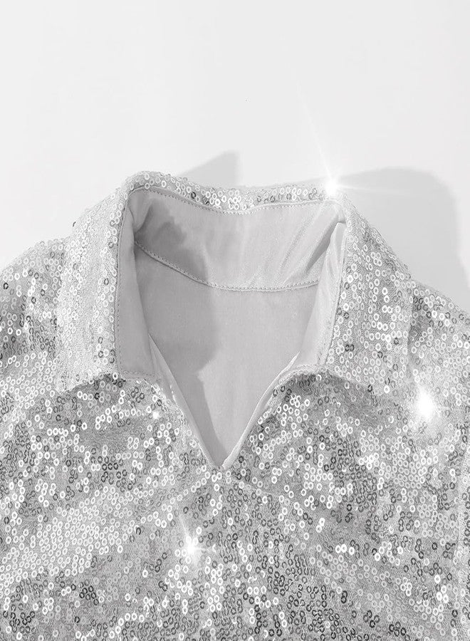 Spring&Gege Boy's Short Sleeve Turndown Sparkle Sequins Polo Shirt 70s Disco Costume T-Shirt, Silver Gray, Size 9-10 Years - Image 3